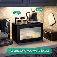 Vista 5 de Panera grande para encimera de cocina, contenedor de almacenamiento de pan de bambú negro con puerta transparente de arcílica ondulada, caja de pan