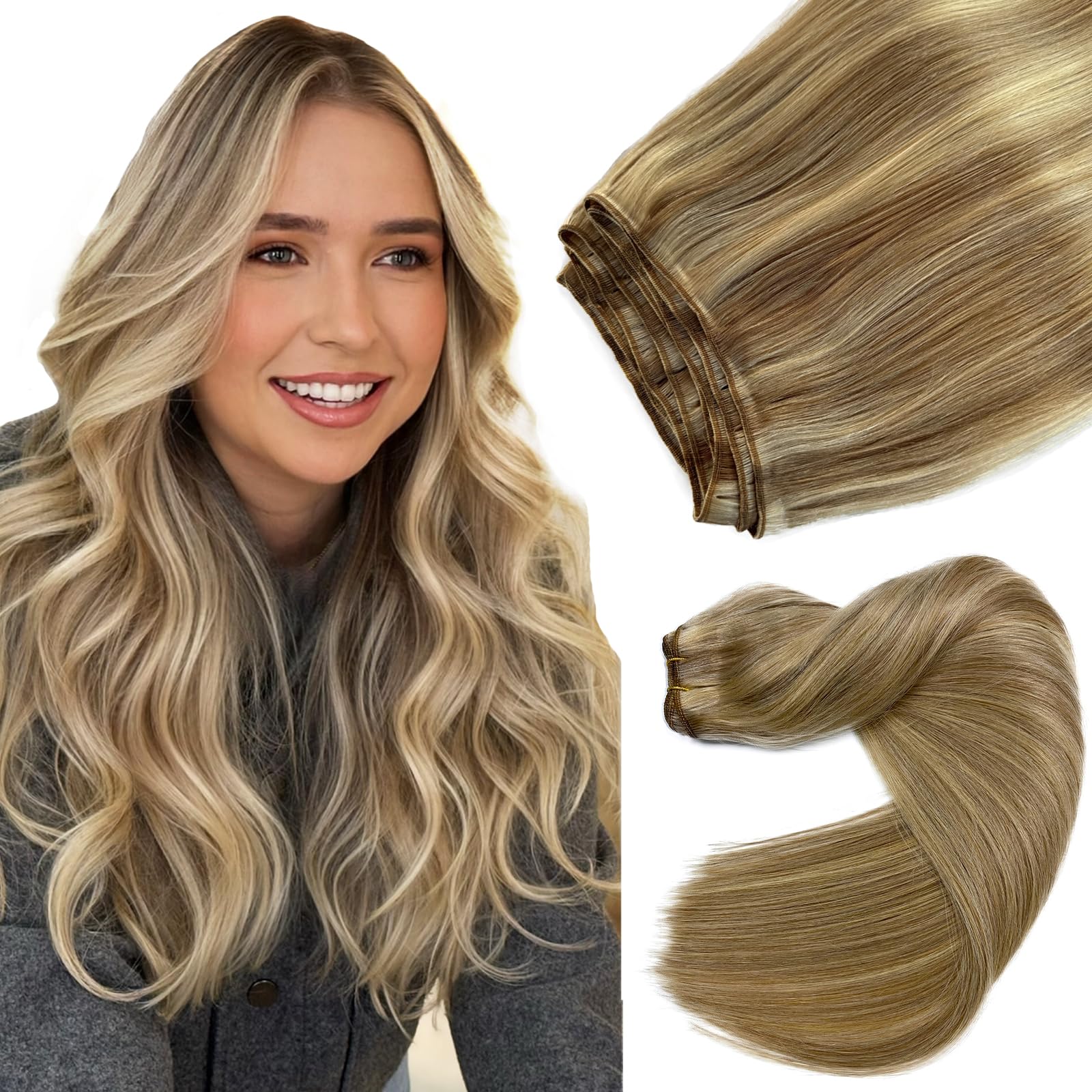 Sew in Hair Extensions Real Human Hair, 18 Inch 100G Weft Hair Extensions Human Hair Ash Blonde Balayage Blonde Highlights Hand Tied Weft Hair