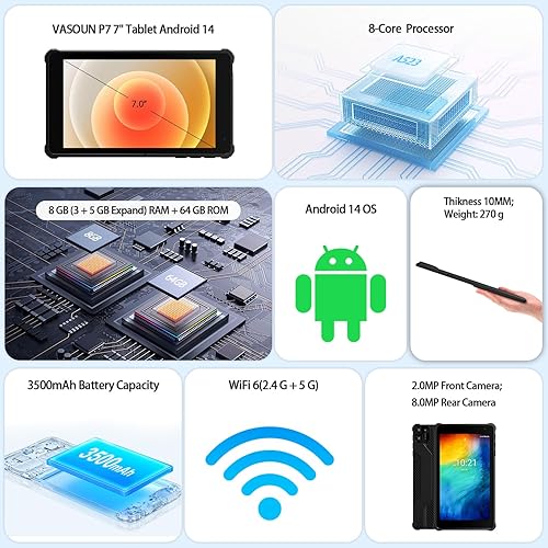 Miniatura 4 de VASOUN Tablet Android 14 de 7 pulgadas, 8 GB de RAM 64 GB ROM, Octa-Core 2.0 GHz, pantalla táctil IPS, cámara dual, 5G WiFiBluetooth, tableta para