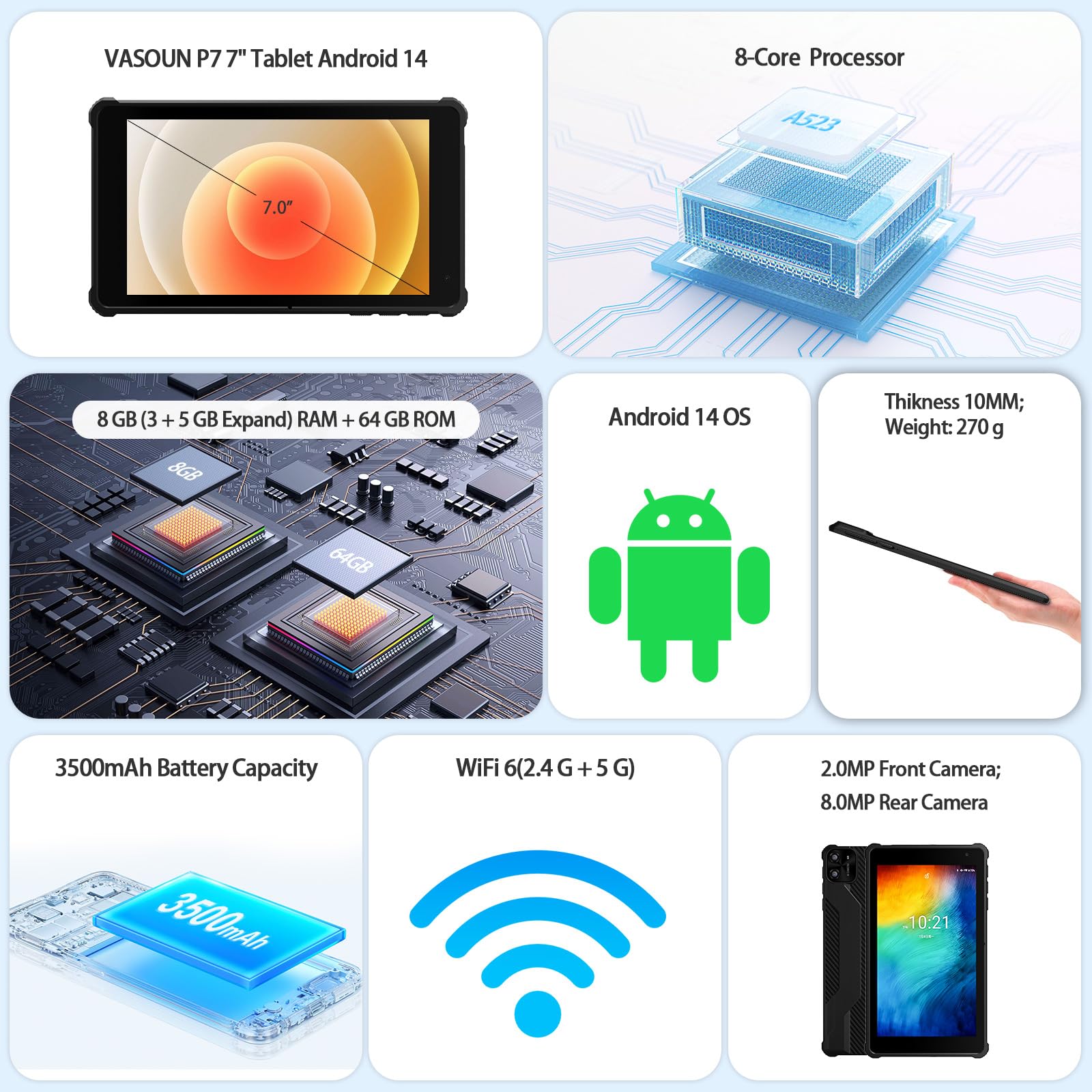 Amazon.com : VASOUN Android 14 Tablet 7 inch, 8GB RAM 64GB