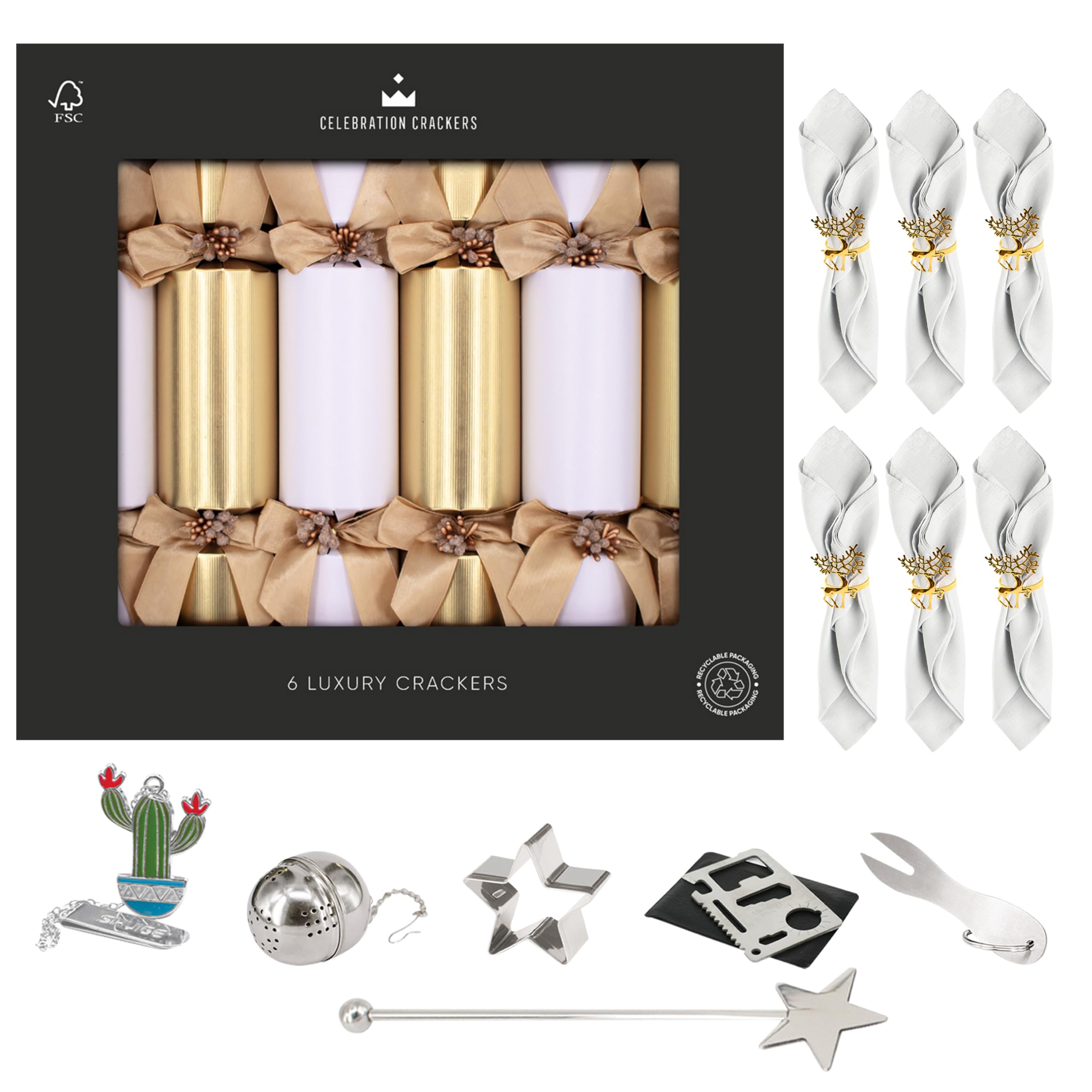 Christmas Crackers Luxury Set – 6 Golden & White Pin 13” Xmas Crackers & 6 White Napkins & 6 Gold Reindeer Christmas Napkin Rings - Perfect Xmas Table Decoration