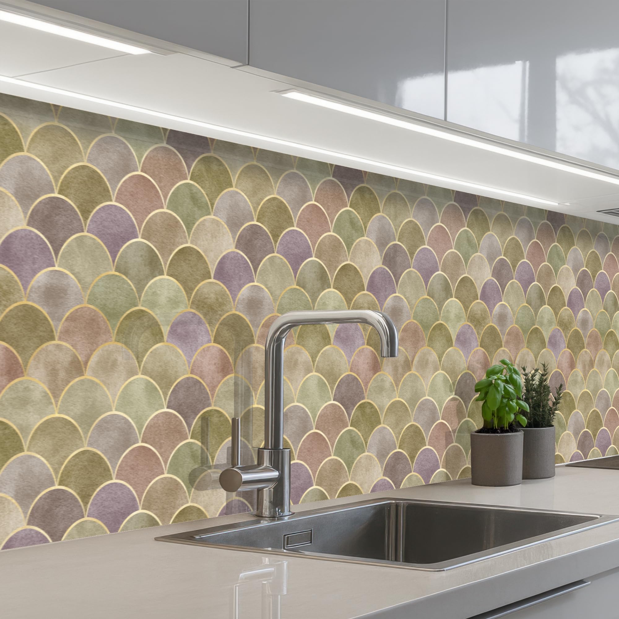 KitchenYeah© Splashback for kitchen 32"x197" / 80x500 cm self-adhesive Sink Splash Splatter Guard Splashbacks Walls Soft - Gold - Colourful