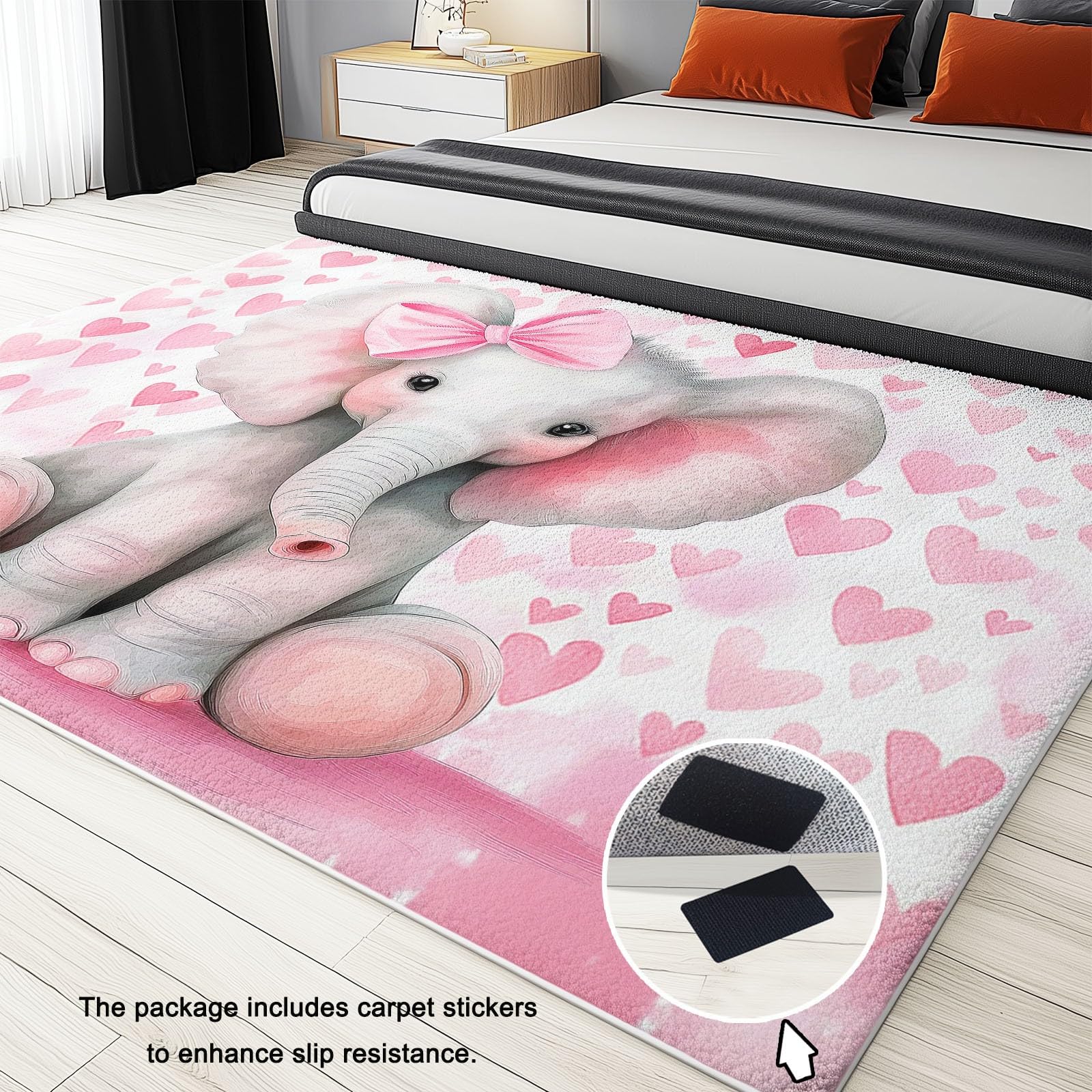 Generico Tappeto Nursery per Neonate, Morbido Pluche Antiscivolo per Bambine, XL, Elefante con Cuori Rosa Decorazione Gioco, 140 x 200 cm