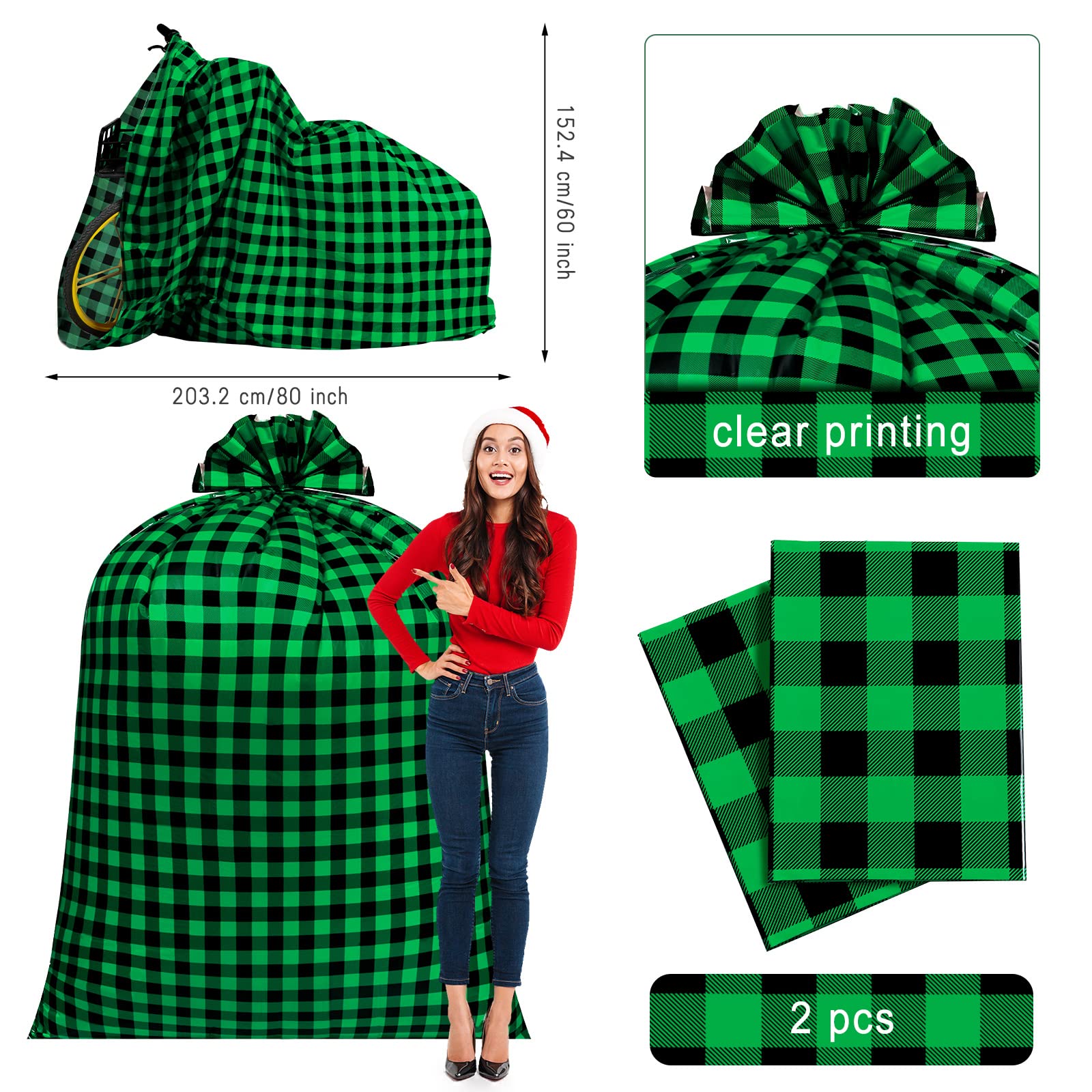 Teling 2 Pcs 80 x 60 in Jumbo Bike Gift Bags Christmas Extra Large Bicycle Plastic Gift Bags for Heavy Large Xmas Present(Green Black)