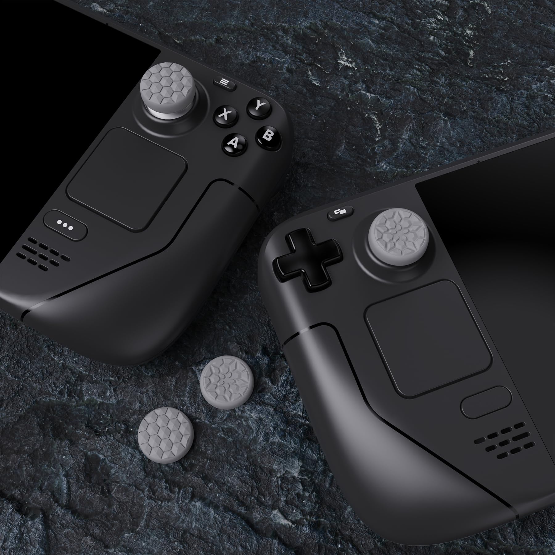 playvital Thumb Grip Caps for Steam Deck LCD, for PS Portal Remote Player Silicone Thumbsticks Grips Joystick Caps for Steam Deck OLED - Diamond Grain & Crack Bomb Design Fleeting Gray — view 7