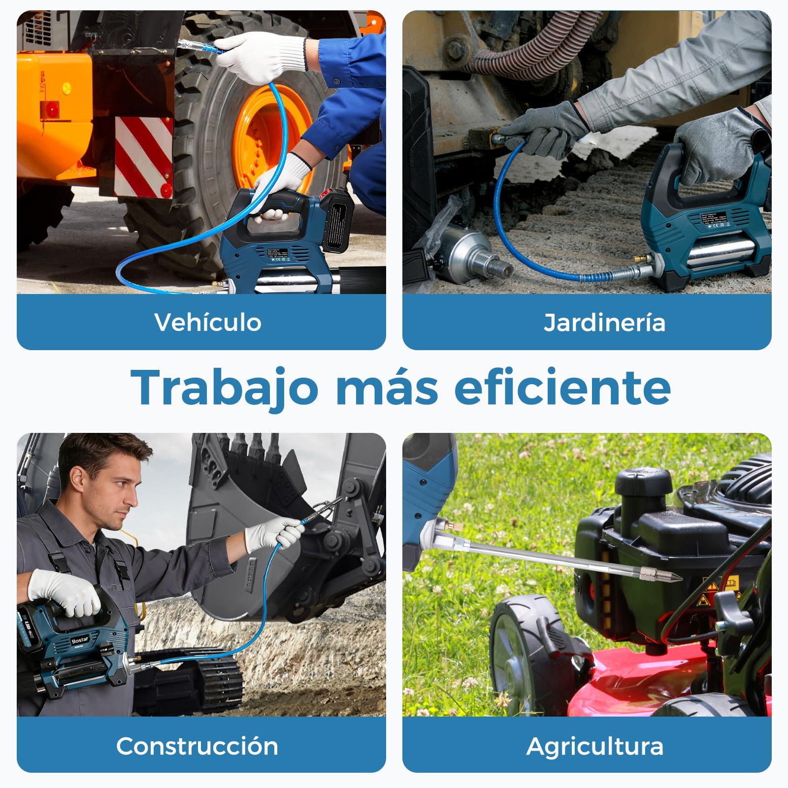Bostar Pistola de Engrase 12000 PSI Eléctrica Bomba de Engrase a Batería con 2 Baterías 4.0Ah(Compatible Makita 18V), Motor Sin Escobillas, Manguera 1m y Adaptador para Maquinaria Agrícola y Camiones