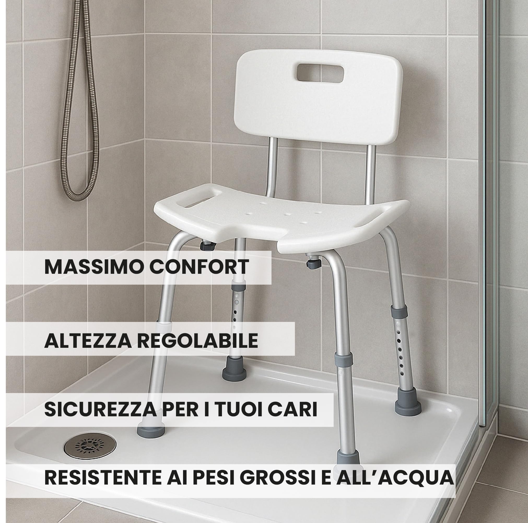 Sedia Per Doccia Anziani - 6 altezze, Sedia Doccia Disabili e Anziani - Seduta Ergonomica con Foro a U, Puntali Antiscivolo, Dimensione Seduta 33x48cm, Peso Massimo 120 kg