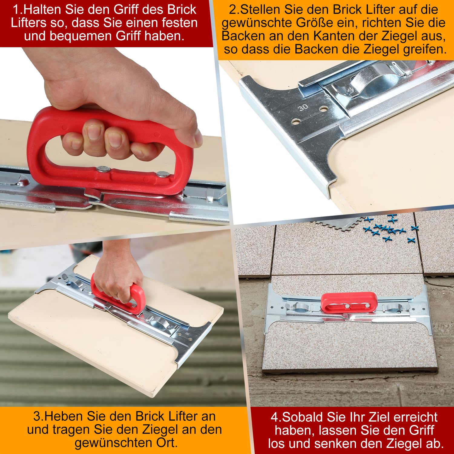 Lève-plaque avec réglage de la hauteur sur 6 niveaux pour plaques jusqu'à 50 kg, idéal pour les applications de levage de pierre, 30 à 50 cm, avec niveau à bulle intégré pour des ajustements précis