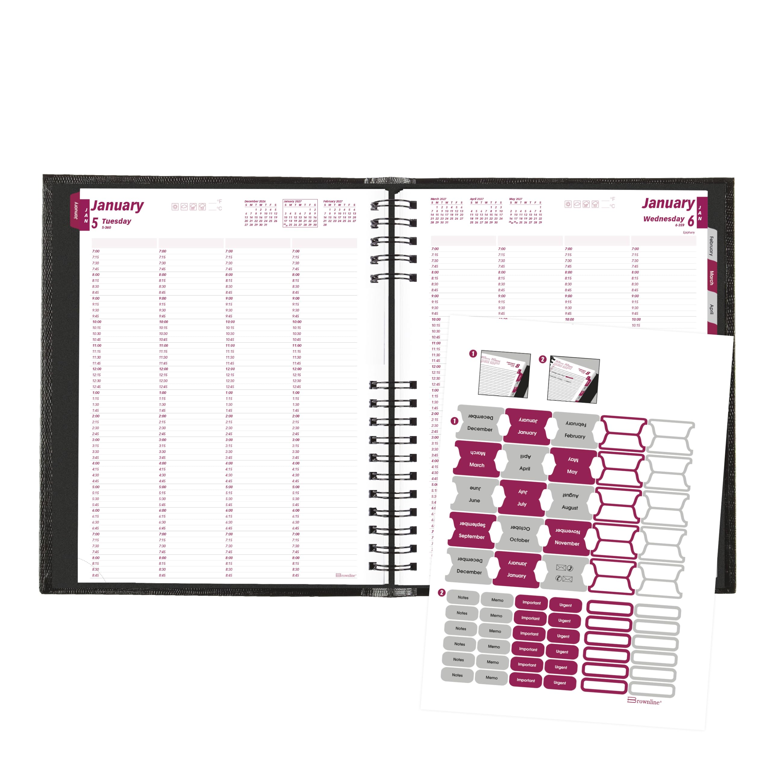 Brownline® CoilPro™ Agenda giornaliera professionale 2027, agenda per quattro persone, 12 mesi, da gennaio a dicembre, rilegatura a doppio filo, 28 x 21,6 cm, nero (CB960C.BLK)