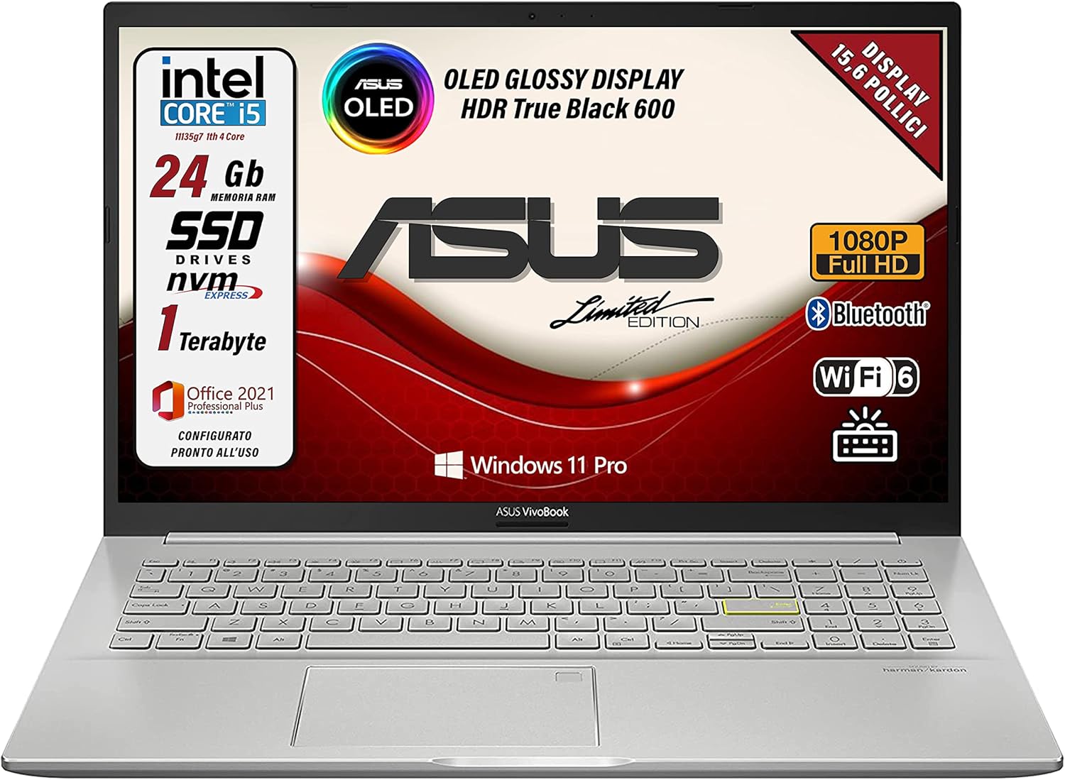 ASUS Vivobook, Notebook, Intel Core I5 11 th, 4 Core, RAM 24Gb, Display 15,6 OLED FHD Glossy, SSD 1 Tb PCIE, Windows 11 Pro, Office, tastiera retroilluminata italiana, fingerprint, pronto alluso ASUS Vivobook, Notebook, Intel Core I5 11 th, 4 Core, RAM 24Gb, Display 15,6 OLED FHD Glossy, SSD 1 Tb PCIE, Windows 11 Pro, Office, tastiera retroilluminata italiana, fingerprint, pronto alluso