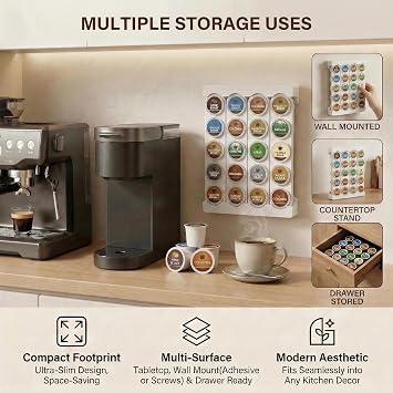Wall Mounted Coffee Pod Holder for Keurig Pods, K Cup Holder, Coffee Pod Organizer for K-Cup, Space Saving Storage Rack Coffee Pods Display Stand, Countertop Stand/Wall Mount/Drawer Insert, 20 Pods Capacity (White)
