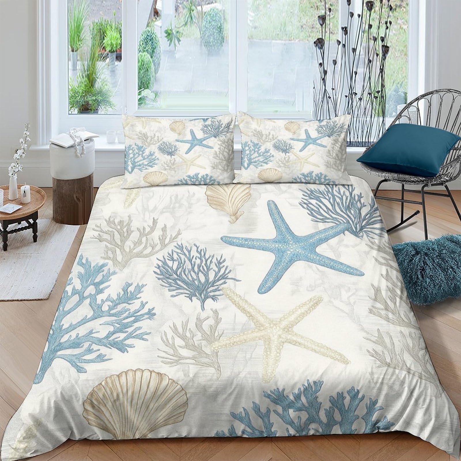Ctjqhvkz Style-5 3D Printed Ocean Starfish Fitted Sheet Microfiber Soft Breathable Coral Mattress Cover For Bedroom Guest Dorm Decor, Washable Modern Blue Beige Single（135X200cm）