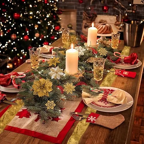 Miniatura 6 de 72 flores de Pascua con copos de nieve y cinta, 9 diseños de flores artificiales de Navidad doradas con purpurina para árbol de Navidad y decoración