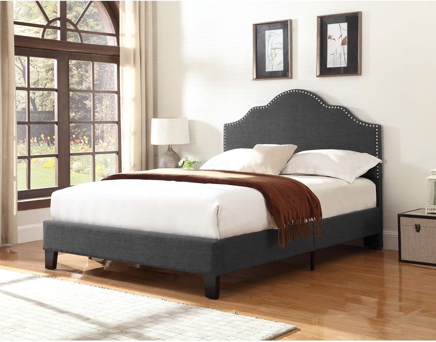 Wallace & Bay Kirby Upholstered Bed with Nailhead, Queen, Dark Gray