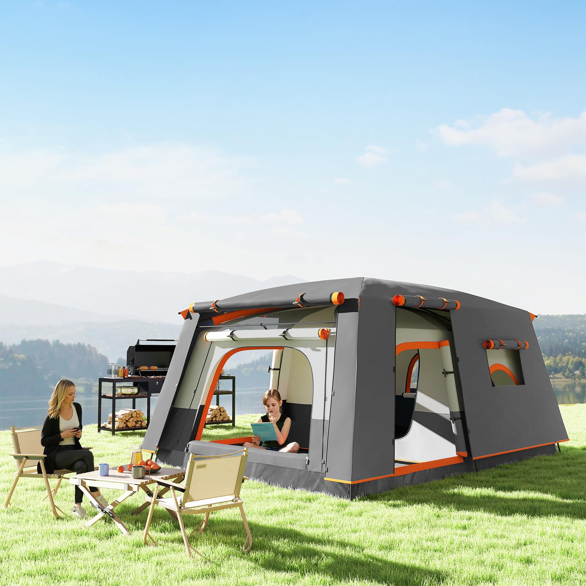 Outsunny Tenda da Campeggio per 4 Persone, Tenda Famigliare a Tunnel Grande Anti-UV per 3 Stagioni con 2 Stanze, Veranda e Borsa di Trasporto per Pesca, 430x305x195 cm
