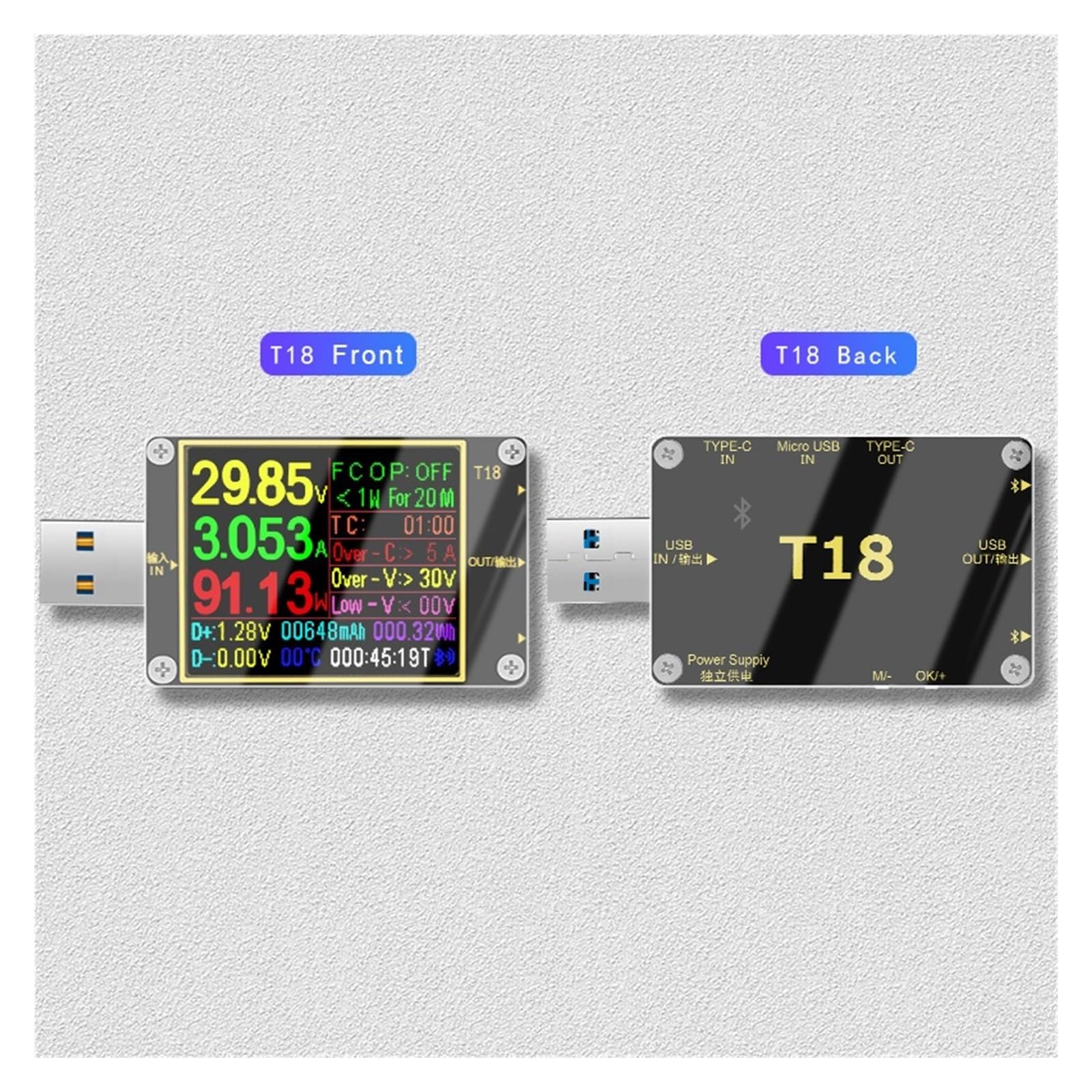 Tester USB 18 w 1 Tester USB T18 woltomierz cyfrowy amperomierz Voltimetro woltomierz prądu stałego lekarz 1.8 "PD QC3.0 detektor(Add NTC load cable)