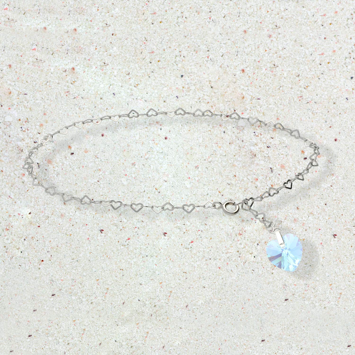 Cavigliera XL 32 cm in argento Sterling 925 da donna con ciondolo a forma di cuore Swarovski Elements, regolabile individualmente, per donne e ragazze.