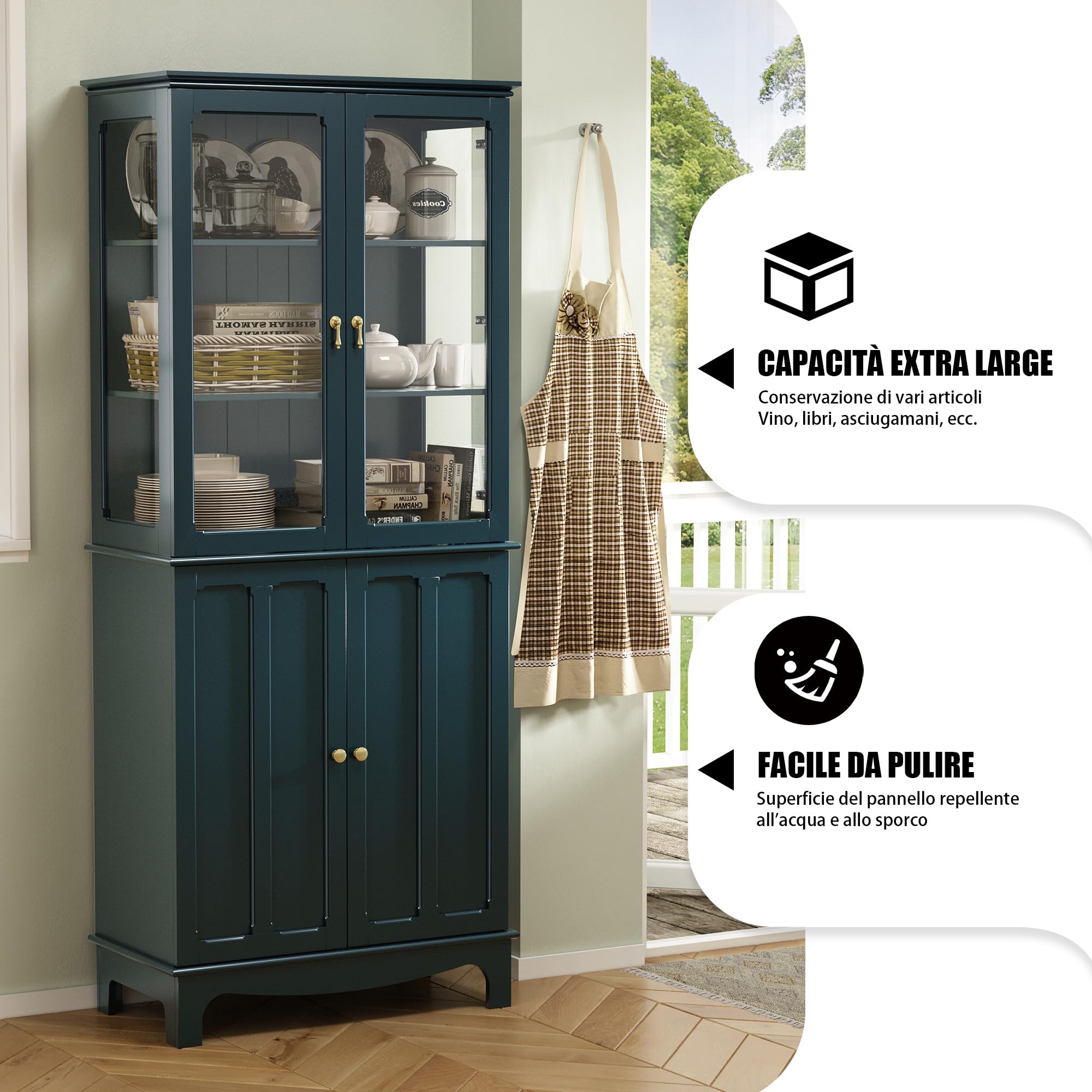 HOLTICO Vetrina Espositiva Soggiorno, Armadio Cucina Indipendente con Ante in Vetro e Legno, Cristalliera Classica con Ripiani Regolabili, Mobili Cucina per Collezionismo, Cucina e Soggiorno, verde
