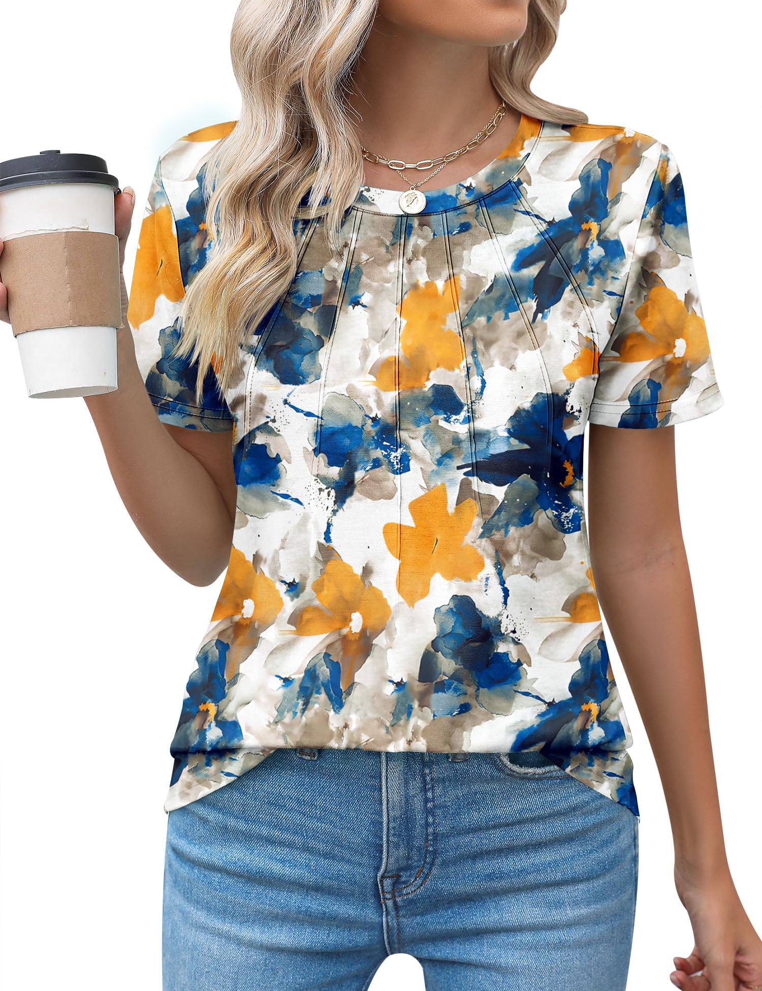 Womens Casual Crew Neck Short Sleeve Pleated Tops Blouses Fashion Clothes 2026