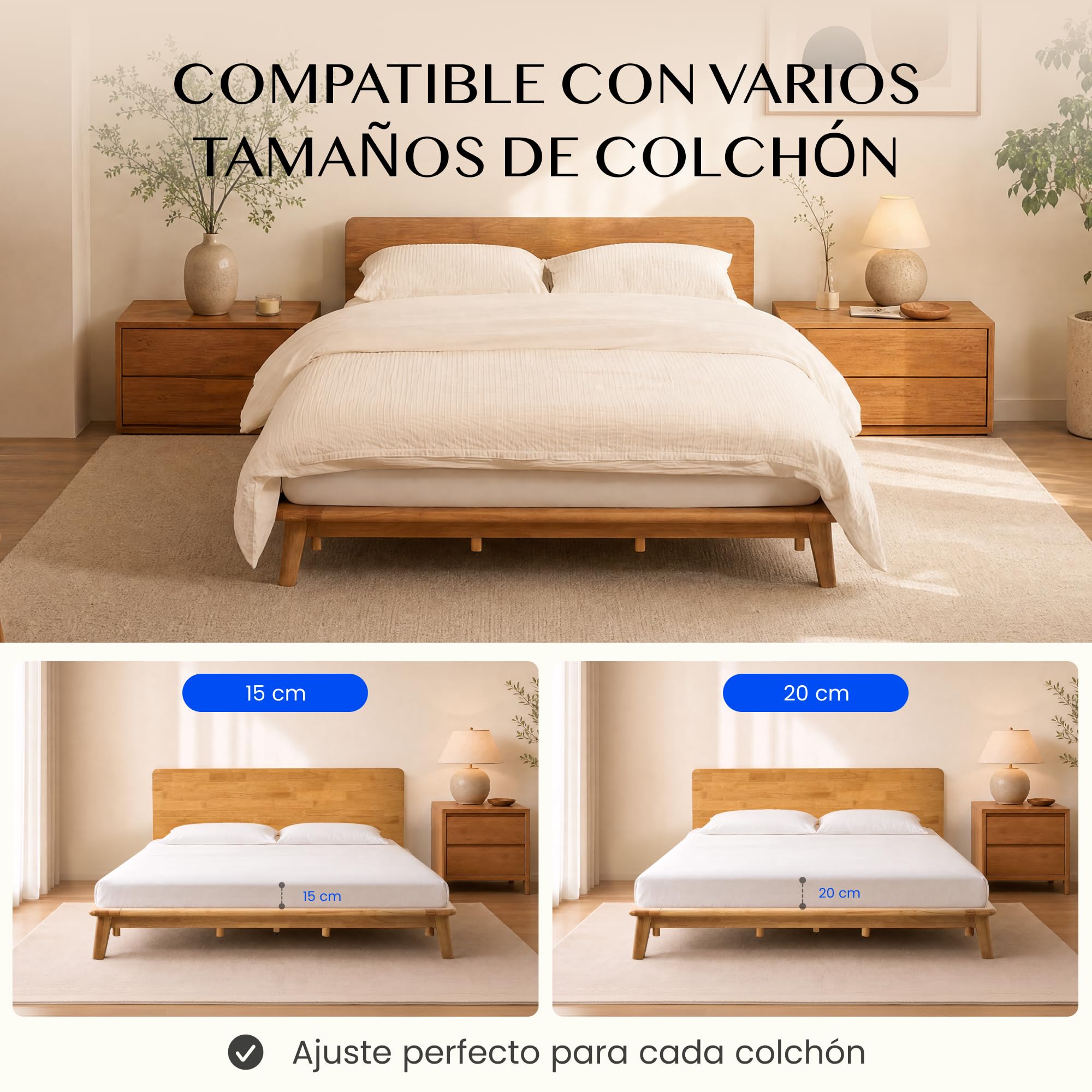 FLEXISPOT Cama de Madera Maciza 160x200 cm, Cama Doble de Madera de Caucho Natural, Sin Formaldehído, Montaje Sin Herramientas, Cabecero con Estante, Diseño Japandi, Cama Matrimonio Hako G1