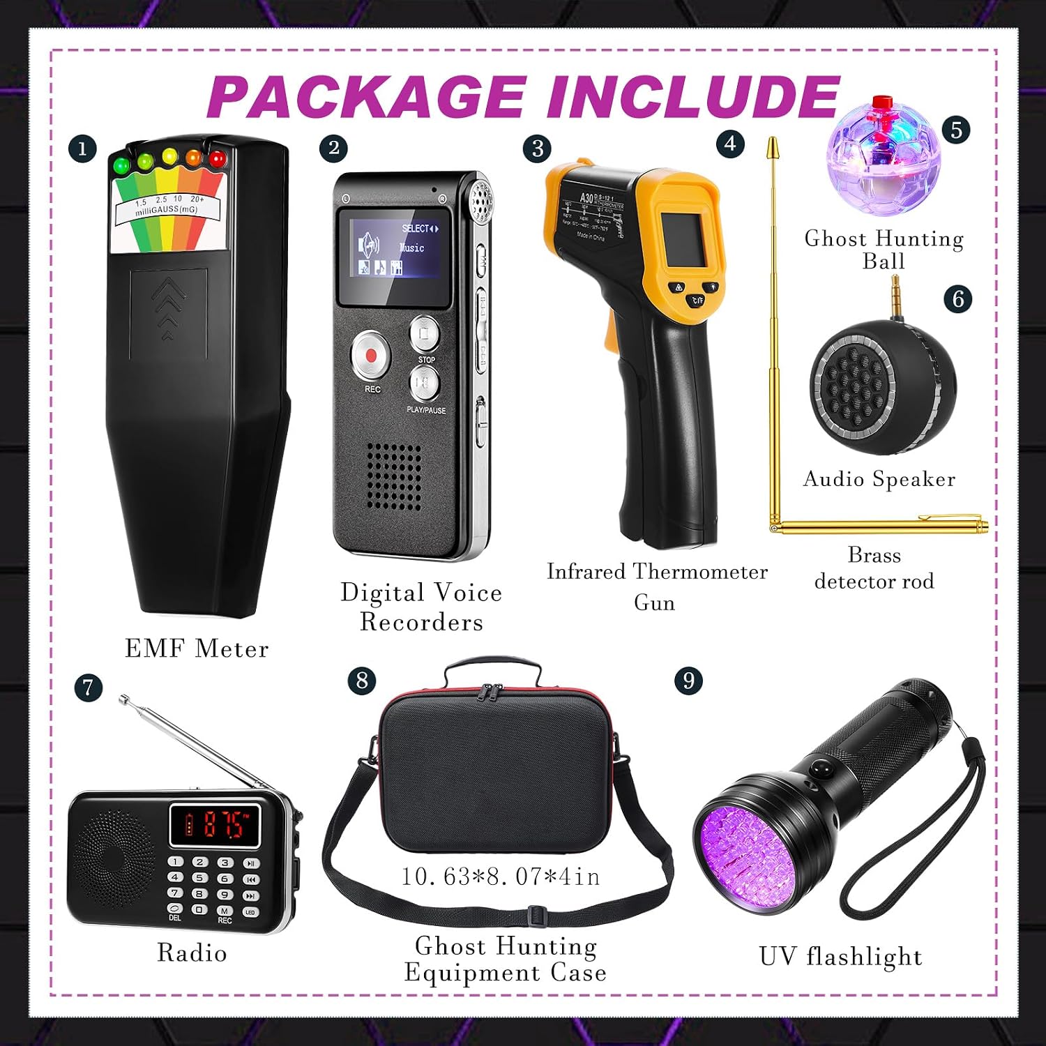 Dunzy 11 Pcs Ghost Hunting Equipment Kit Include Ghost Radio, Electromagnetic Paranormal Radiation Detector, EVP Recorder, UV Flashlight 2 LED Light up Cat Balls Etc(Emf Meter)