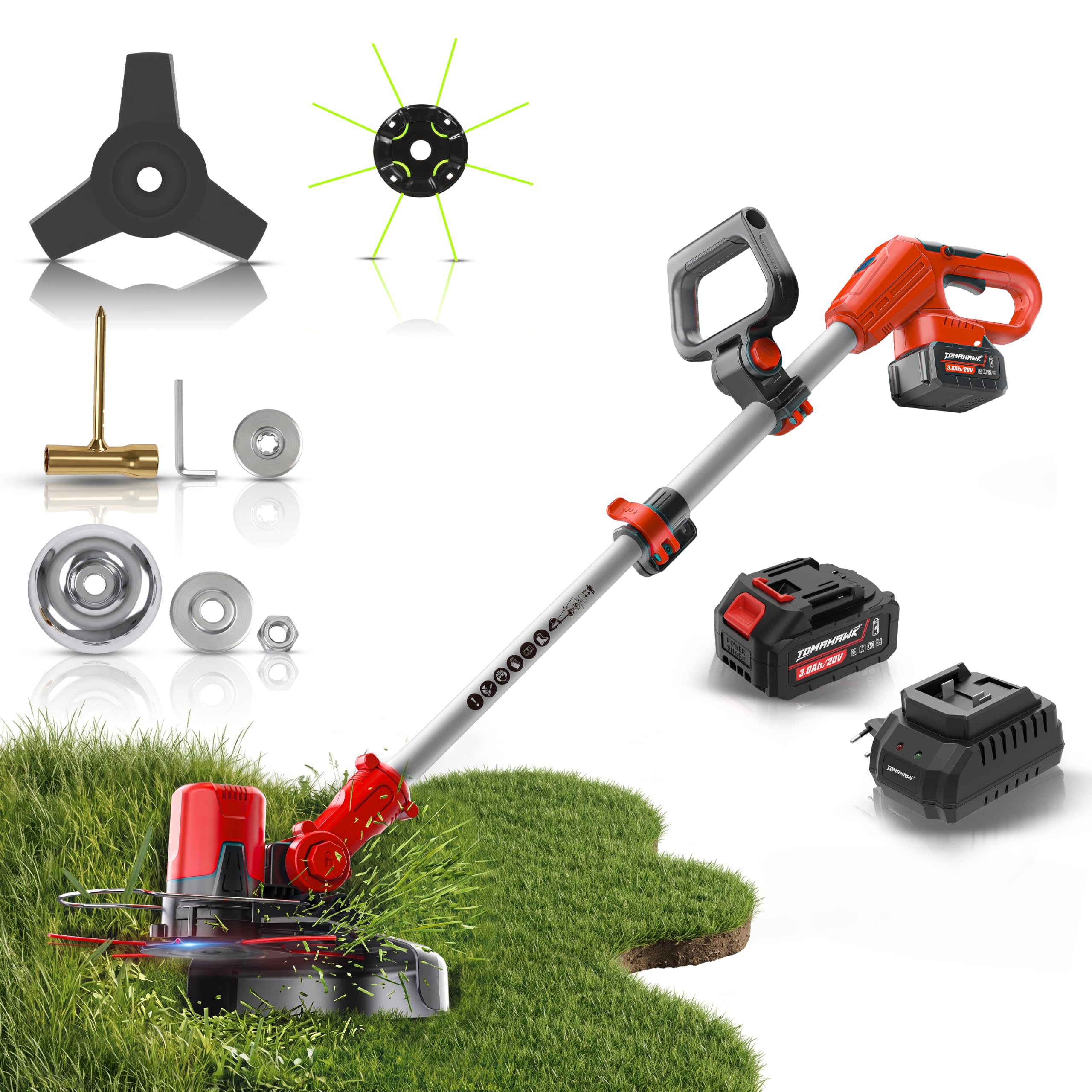 Tomahawk PBC-4200 20V Cordless Brush Cutter, 100% Copper Motor, 3.0Ah x 2 Batteries, Digital Battery Indicator, Adjustable Length Shaft, 400mm Cutting Width | Weed Trimmer with Blade & Rope Attachment-image-10