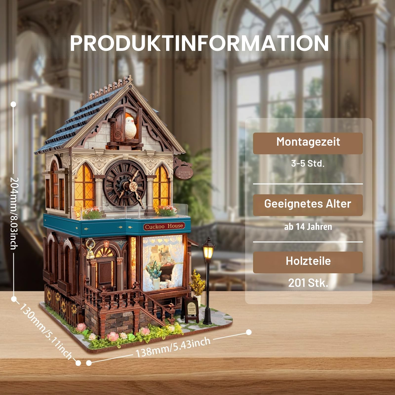 3D Holzpuzzle, Miniatur-Kuckucksuhrenhaus-Bausatz, Holzbauspiel für Erwachsene und Jugendliche, Mini-Modellbausatz mit 3-Modus-Touchschalter - Haus