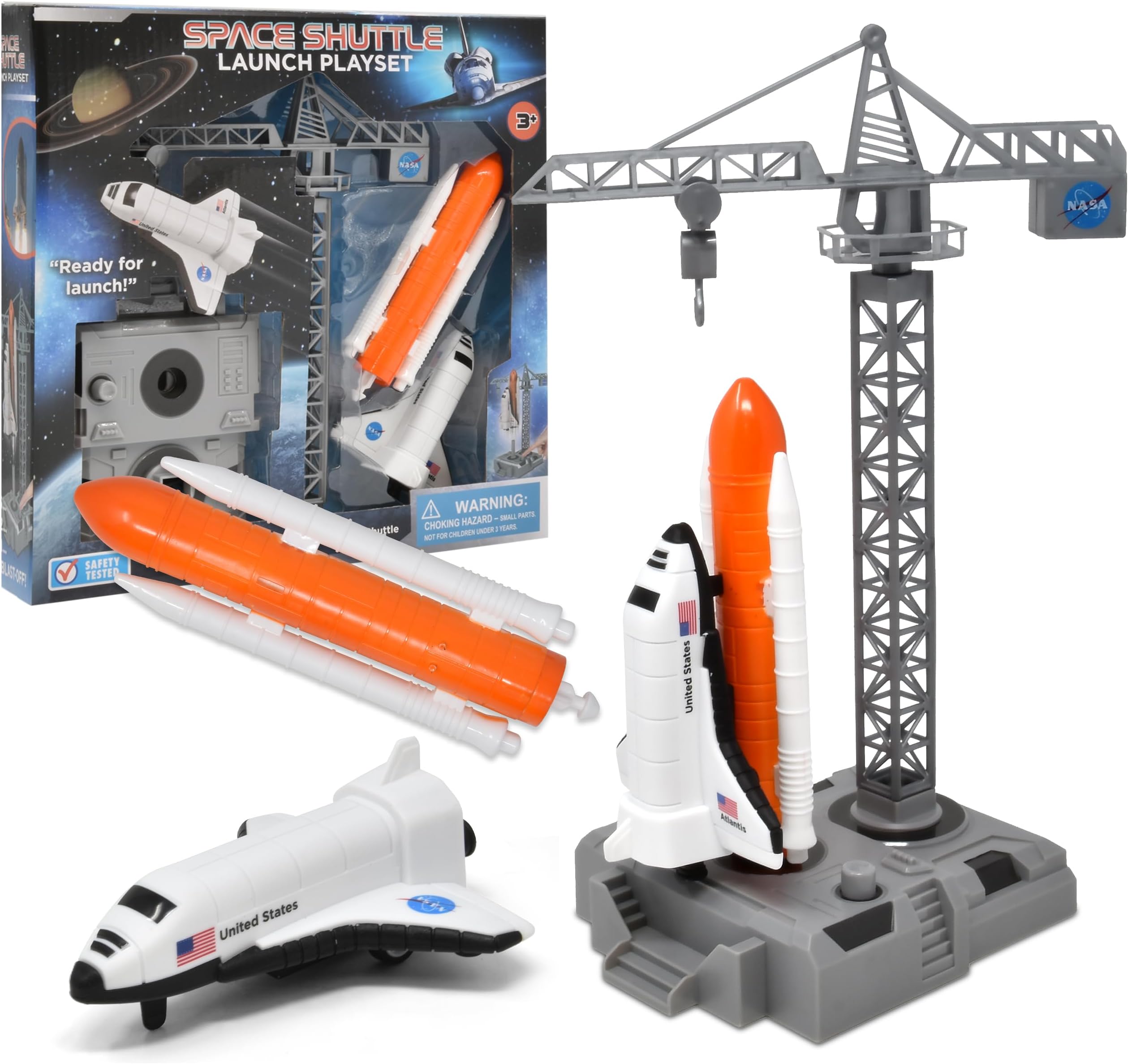 NASA Space Shuttle Launch Playset Toy for Kids, Pretend Play 2 in 1 Rocket Ship Set Spring Loaded Space Launcher & Friction Powered Spaceship for Kids