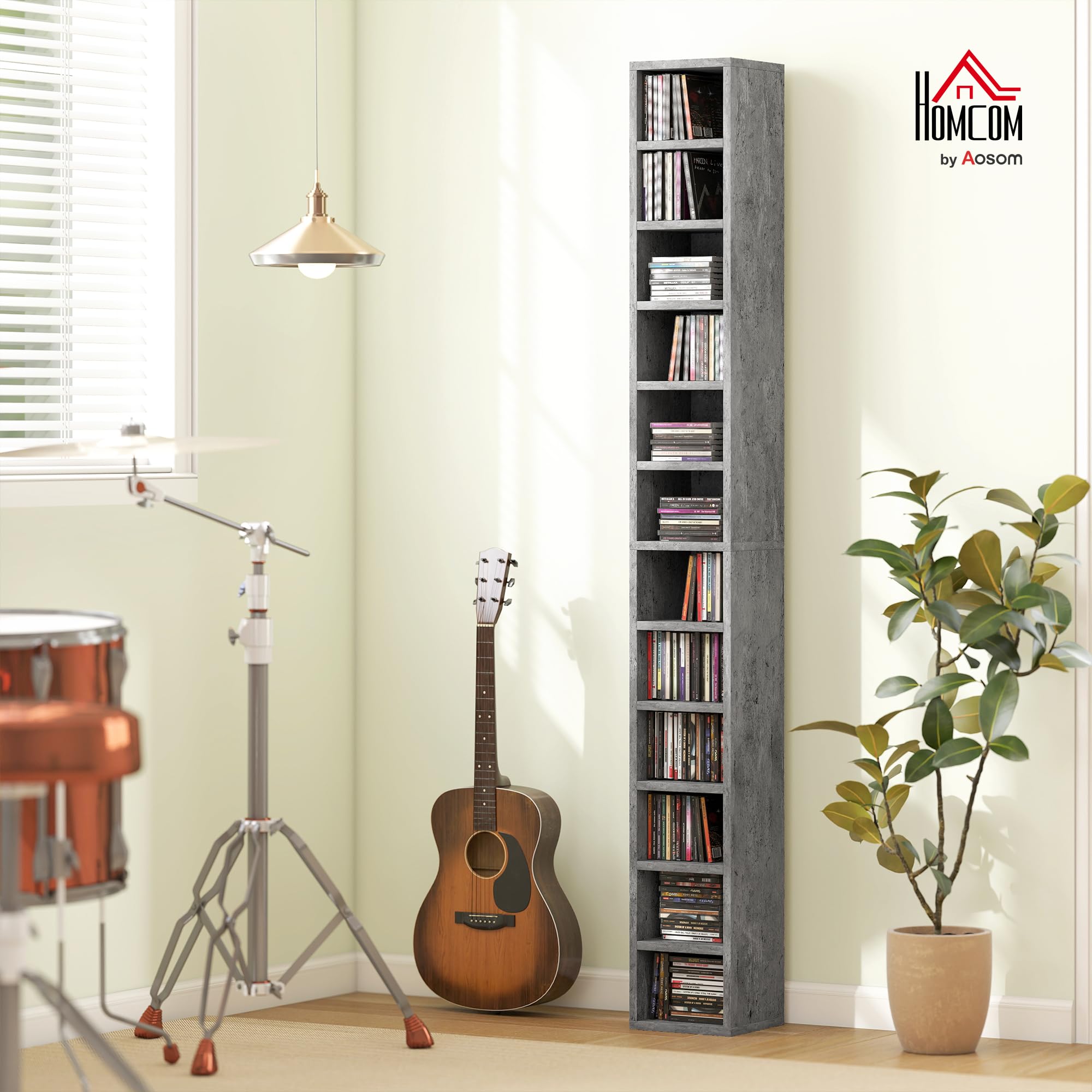 HOMCOM CD-Möbel mit 12 Ebenen, Regal für 204 CDs, platzsparend, für Wohnzimmer, Schlafzimmer, Büro, 21 x 20 x 175 cm, Zementgrau