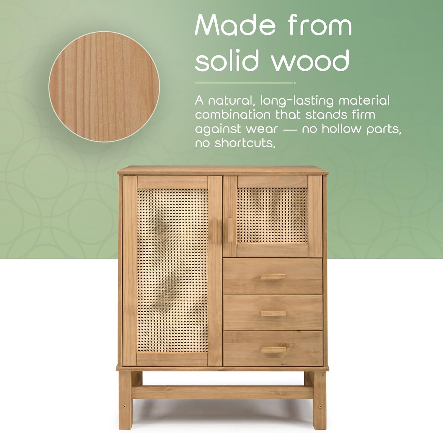 Nature Sideboard with 2 Doors, 3 Drawers & 4 Inner Shelves – Spacious Buffet Cabinet with Woven Rattan Doors – Versatile Storage for Dining or Living Spaces