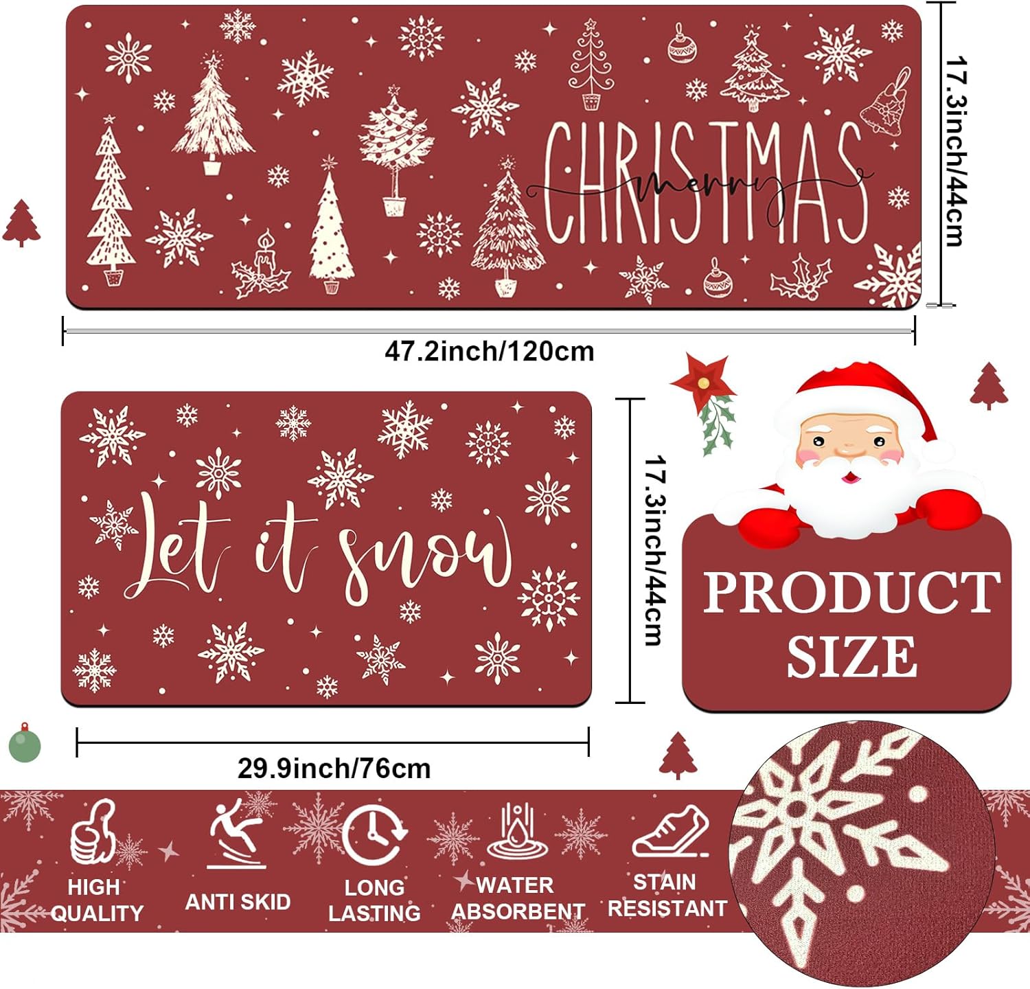 Merry Christmas Kitchen Rug Xmas Trees Winter Snowflake Let It Snow Kitchen Mats Set of 2 for Christmas Home Decor Low-Profile Kitchen Rug Set, 17x 30'' and 17x 47'' (Red, 17''x 30'' + 17''x 47'')