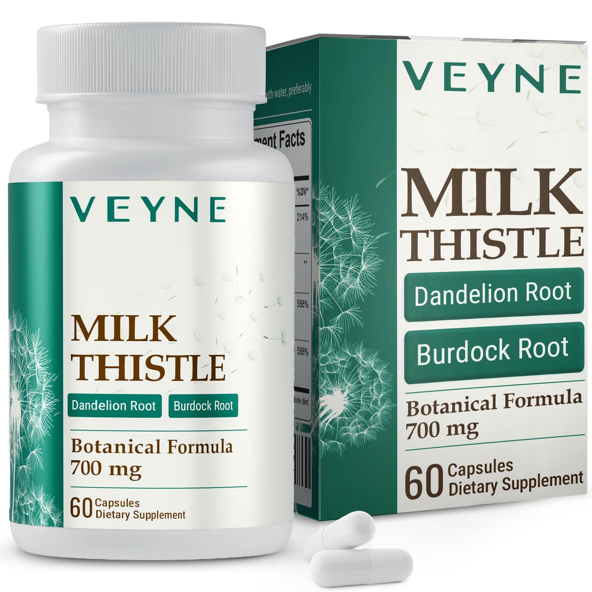 VEYNE Milk Thistle Supplement 80% Silymarin (240mg Active) with Dandelion Root Extract 10:1 & Burdock Root 20:1 – Liver Support Supplement for Daily Wellness – 60 Capsules (30 Day Supply)