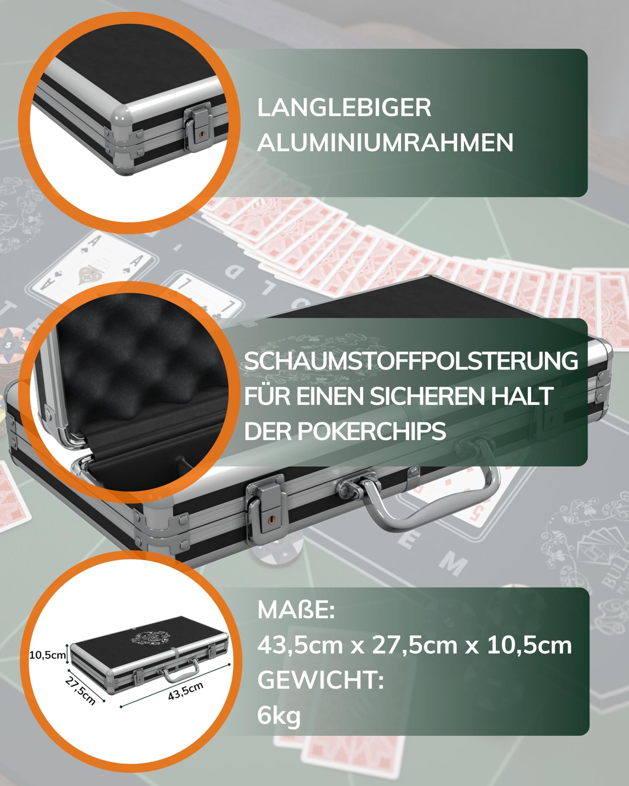 Bullets Playing Cards | Pokerkoffer „Tony“ mit 300 Clay Pokerchips 14g | Pokerset mit Karten, Würfeln, Dealer Button & Pokerregeln