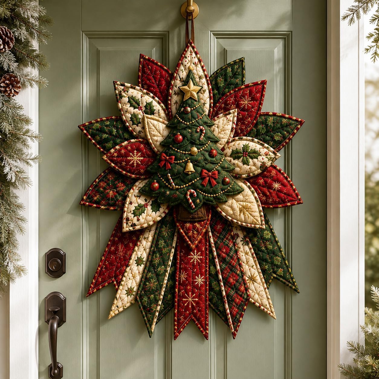 Christmas Character Quilted DIY Kit,Beginner Oversized Xmas Bow Wreath Hanger Sewing Kit, DIY Patchwork Hanging Decor Kit for Front Door,Festive Handmade Fabric Crafts Set Wall Display，Tree