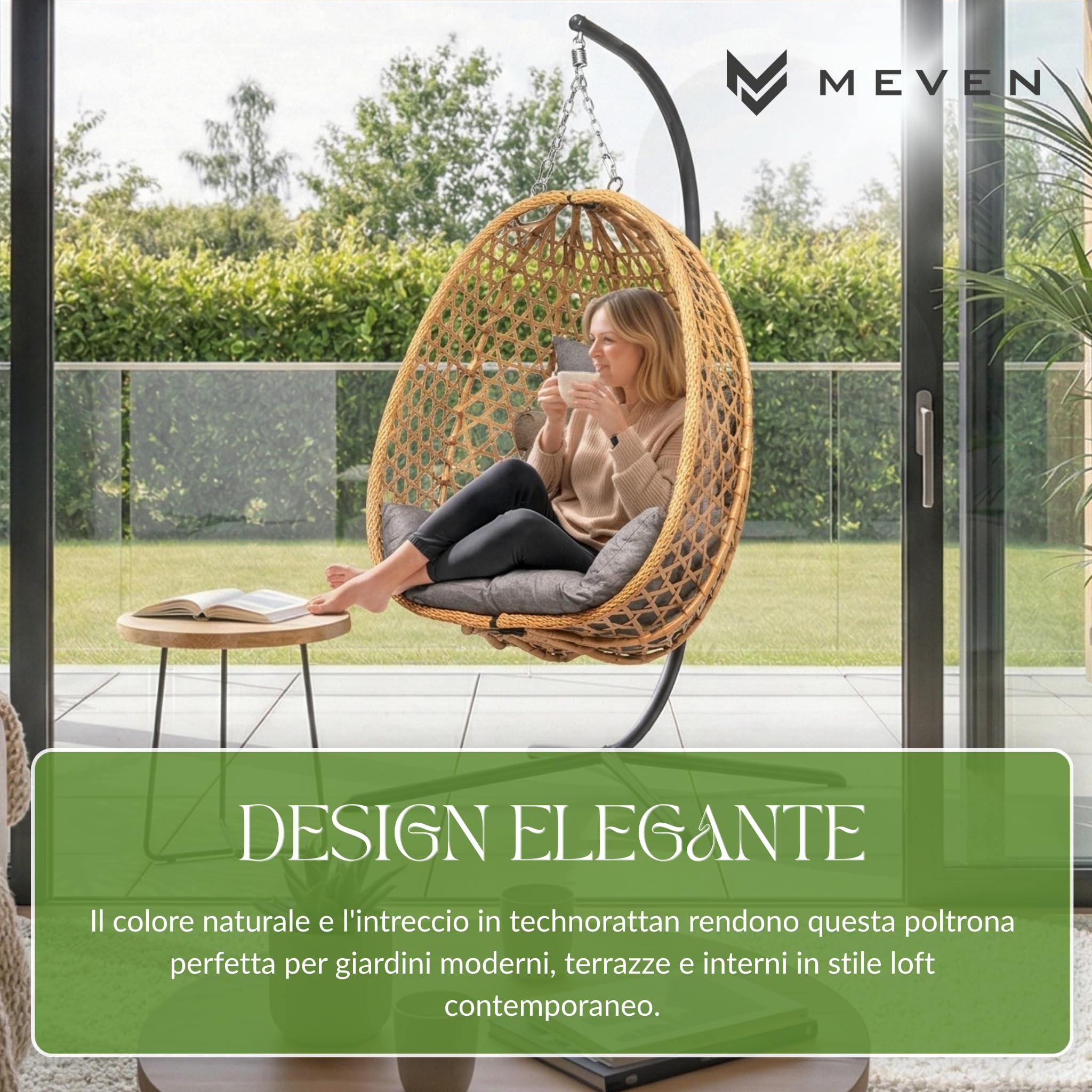 MEVEN Aura | Poltrona sospesa con telaio naturale, cesto per esterni e interni | Poltrona sospesa inclusa XXL cuscino, capacità di carico 110kg | Poltrona in vimini di lusso per giardino, balcone e
