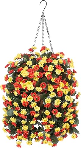 Ammyoo Flores artificiales en cesta colgante para decoración de interiores y exteriores, flores artificiales de arbusto, plantas con cestas para