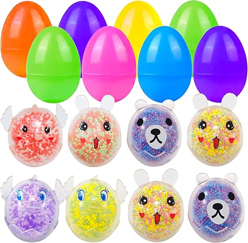 Holydeck Paquete de 8 huevos de Pascua jumbo con juguetes para apretar en el interior, huevos de Pascua brillantes y coloridos, variedad de juguetes