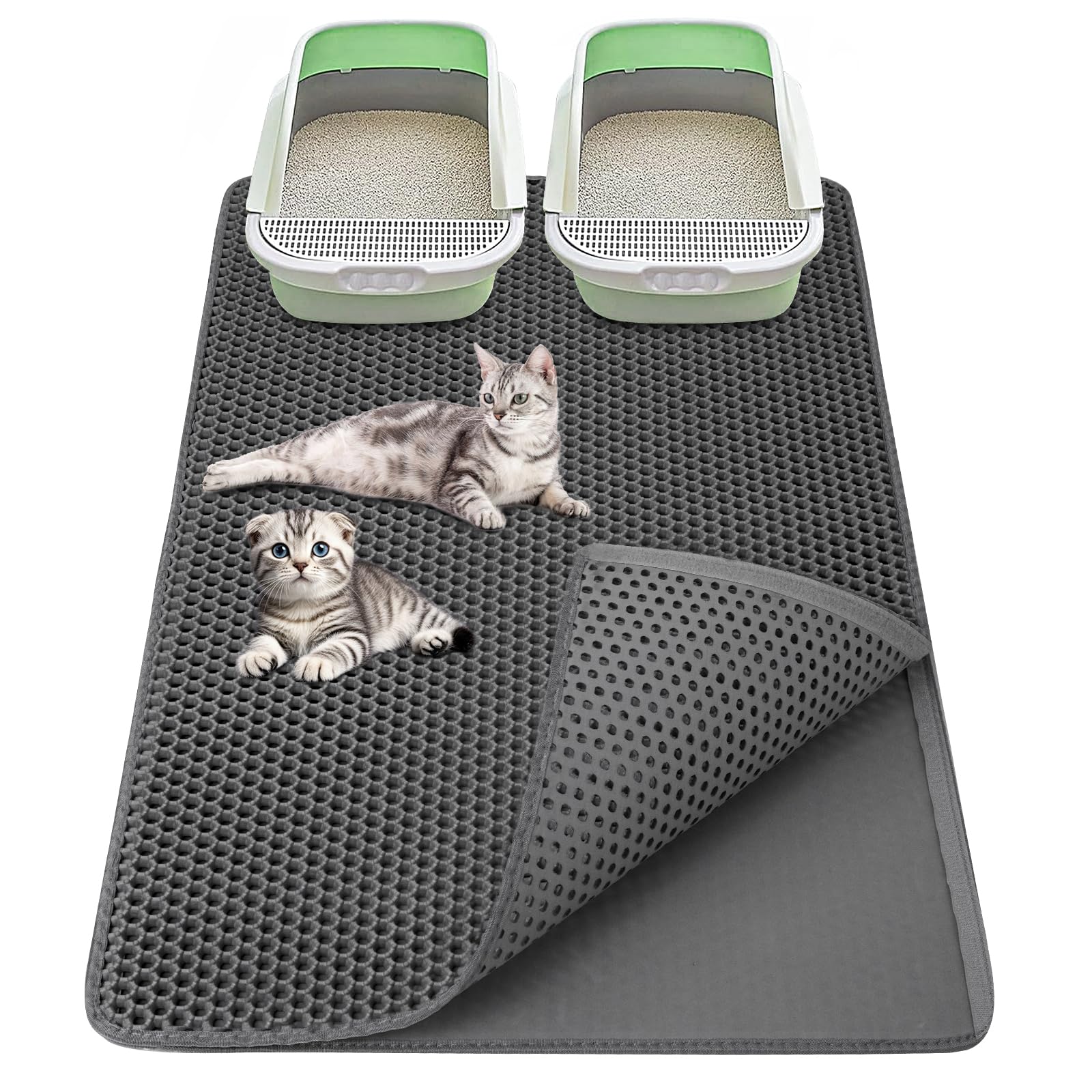 Cat Litter Mat 36"x 24" Double Layer Waterproof Kitty Cat Litter Trapping Mat, Easy to Clean Litter Box Mat Scatter Control Pad, Grey