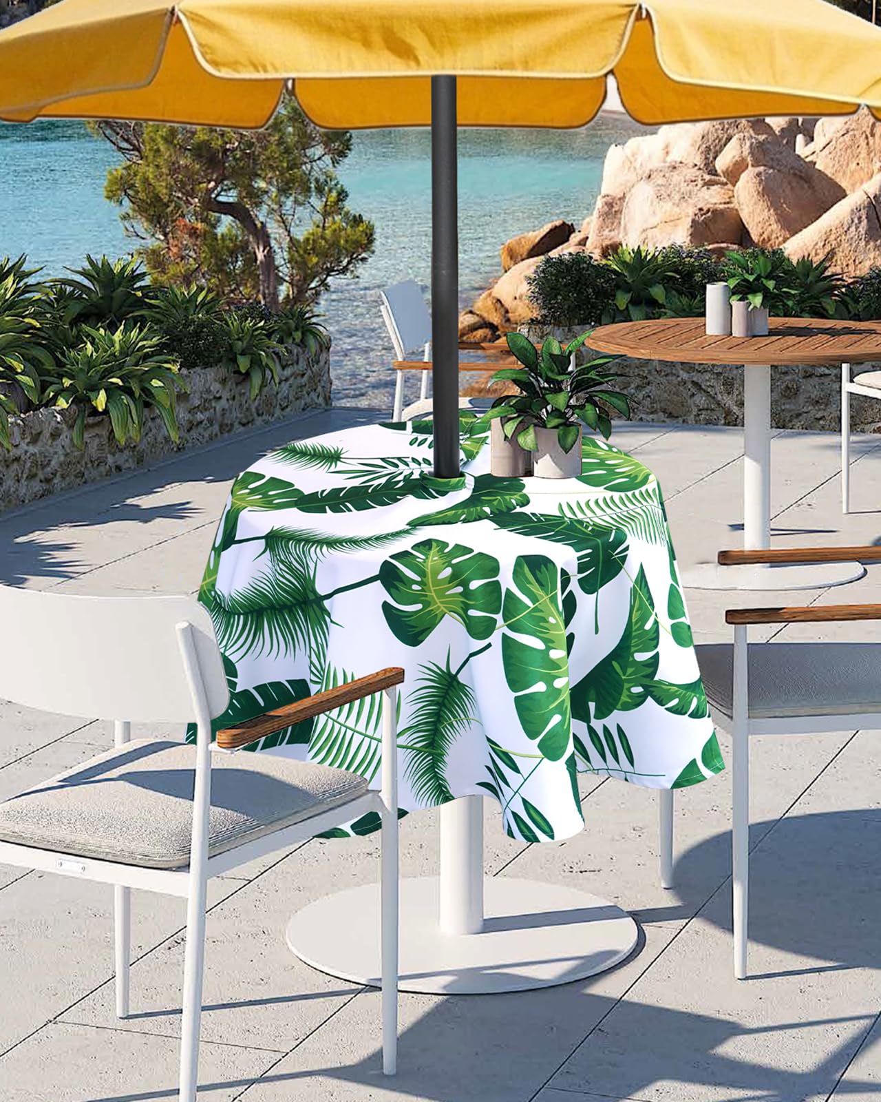 Eternal Beauty 52” Round Tablecloth Waterproof Outdoor Tablecloth with Umbrella Hole Zipper for Spring Summer Patio Picnic Tables (Tropical Palm Leaf)