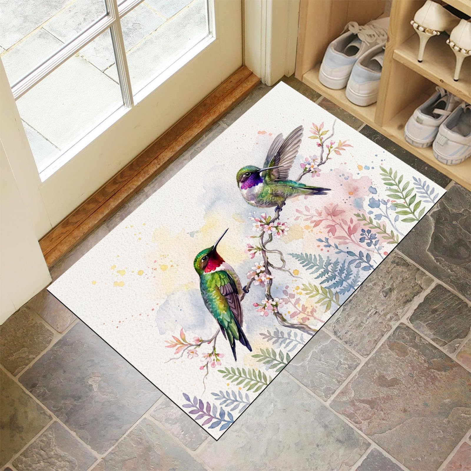 Zerbino Ingresso Interno Animali Ad Acquerello Naturale, Zerbino Di Benvenuto Lavabile Morbida Colibrì Floreale, Antiscivolo Tappeto Da Decorazioni Beige Per Casa Porta, 90X150Cm