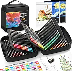 Pacote com 120 lápis de cor para livros de colorir para adultos, lápis de cor à base de óleo de núcleo macio com caderno de esboços, livro de cores, materiais de arte com estojo com zíper, presentes