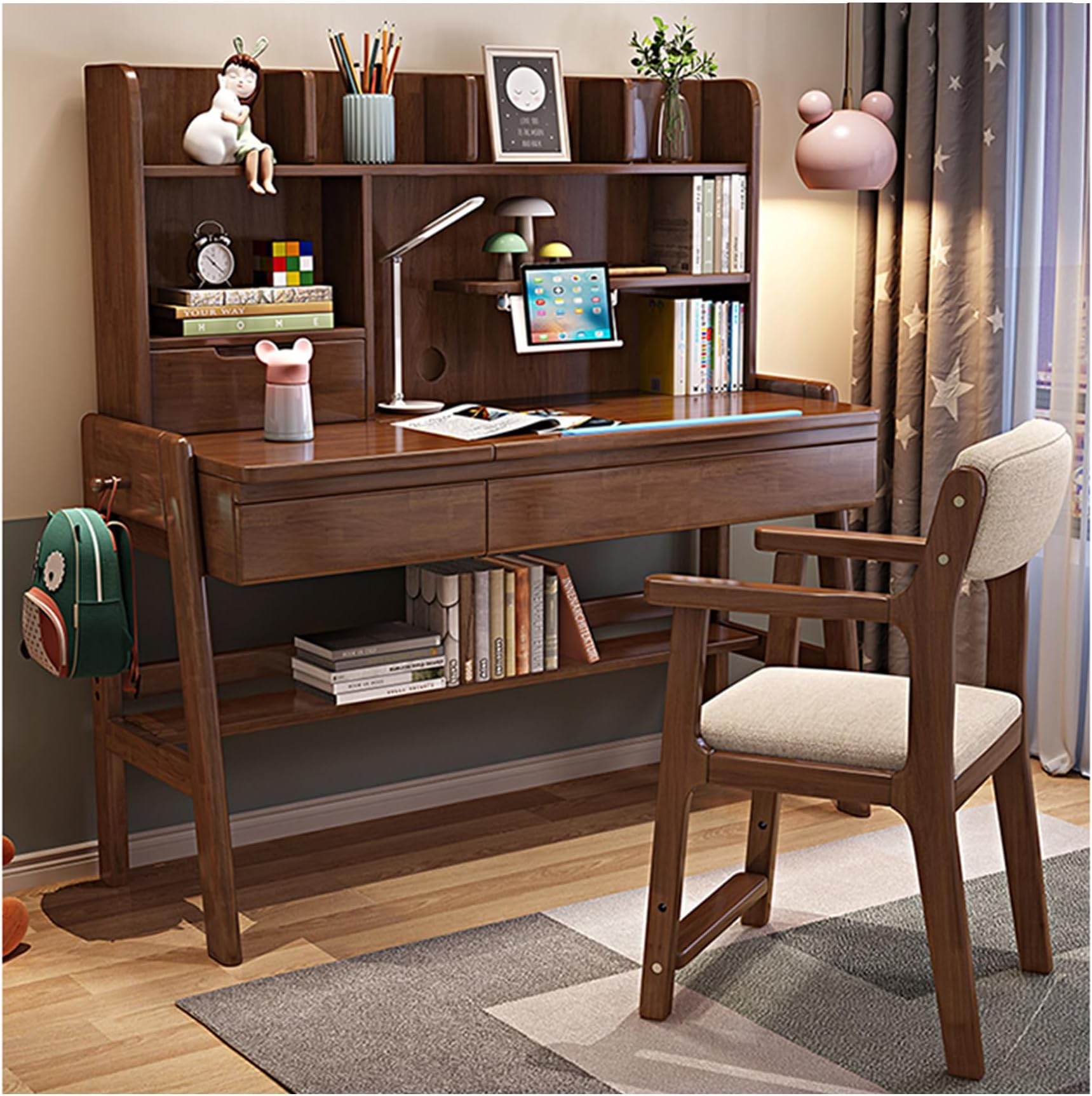 Kids Study Desk and Chair Set Multifunctional Solid Wood Desk for Kids Room 6-18 Height Adjustable Children School Study Desk with 0-60° Tilt Desktop, for Boys Girls (Color : Brown, Size : 120x60x13