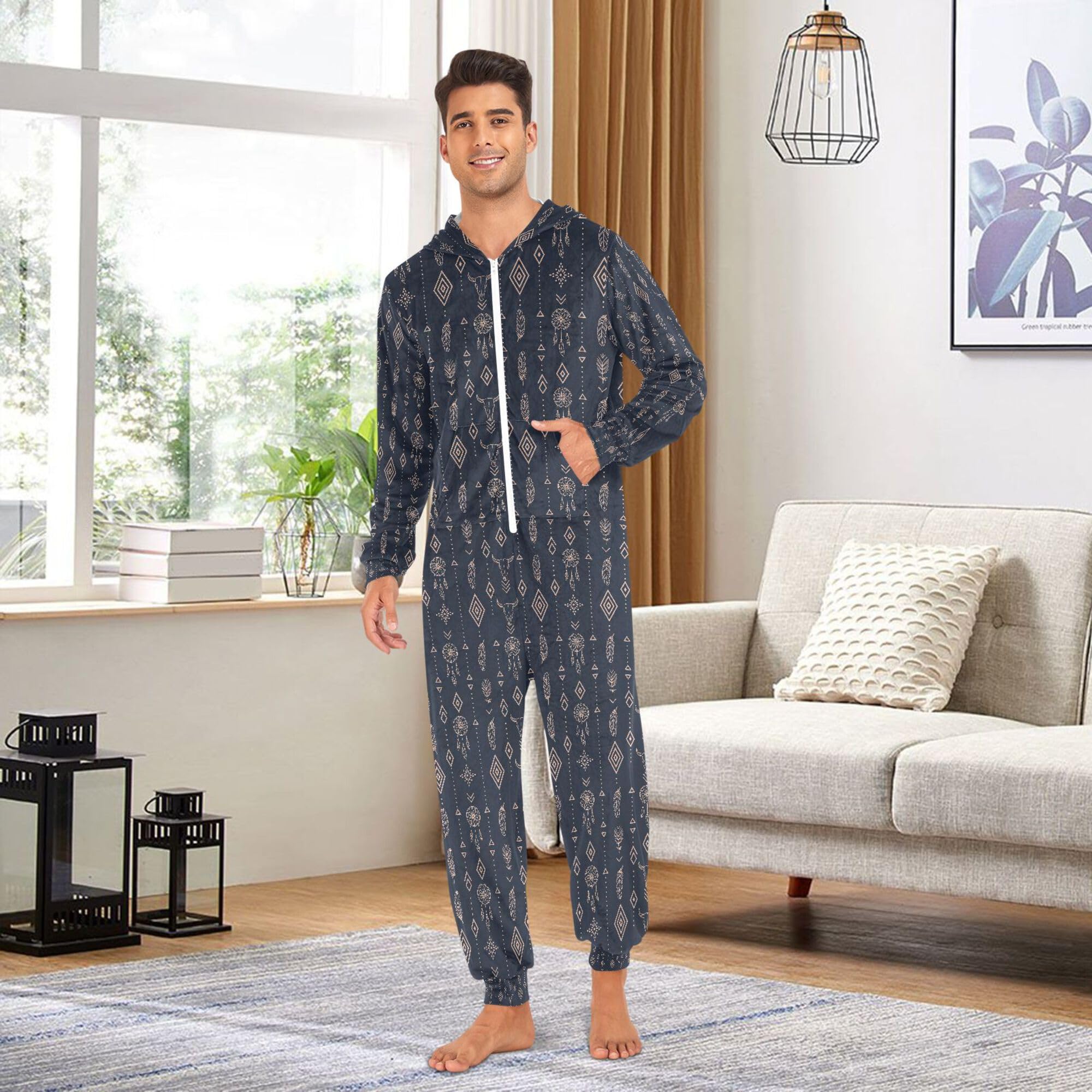 Onesie dla mężczyzn piżama z kapturem damskie zestawy piżam zachodnich czaszki byka i geometryczna bielizna nocna