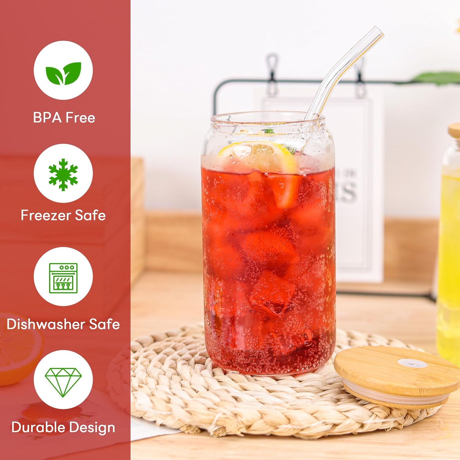 Joyclub Glass Cups with Bamboo Lids and Straws 8 Set 16 oz Reusable Iced Coffee Cup Beer Can Drinking Jars for Smoothie Whiskey Boba Soda Tea Gift - Image 5