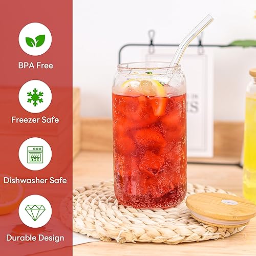 Miniatura 5 de Joyclub Vasos de vidrio con tapas y pajitas de bambú, juego de 8 tazas de café helado reutilizables de 16 onzas, tarros de cerveza para batidos,