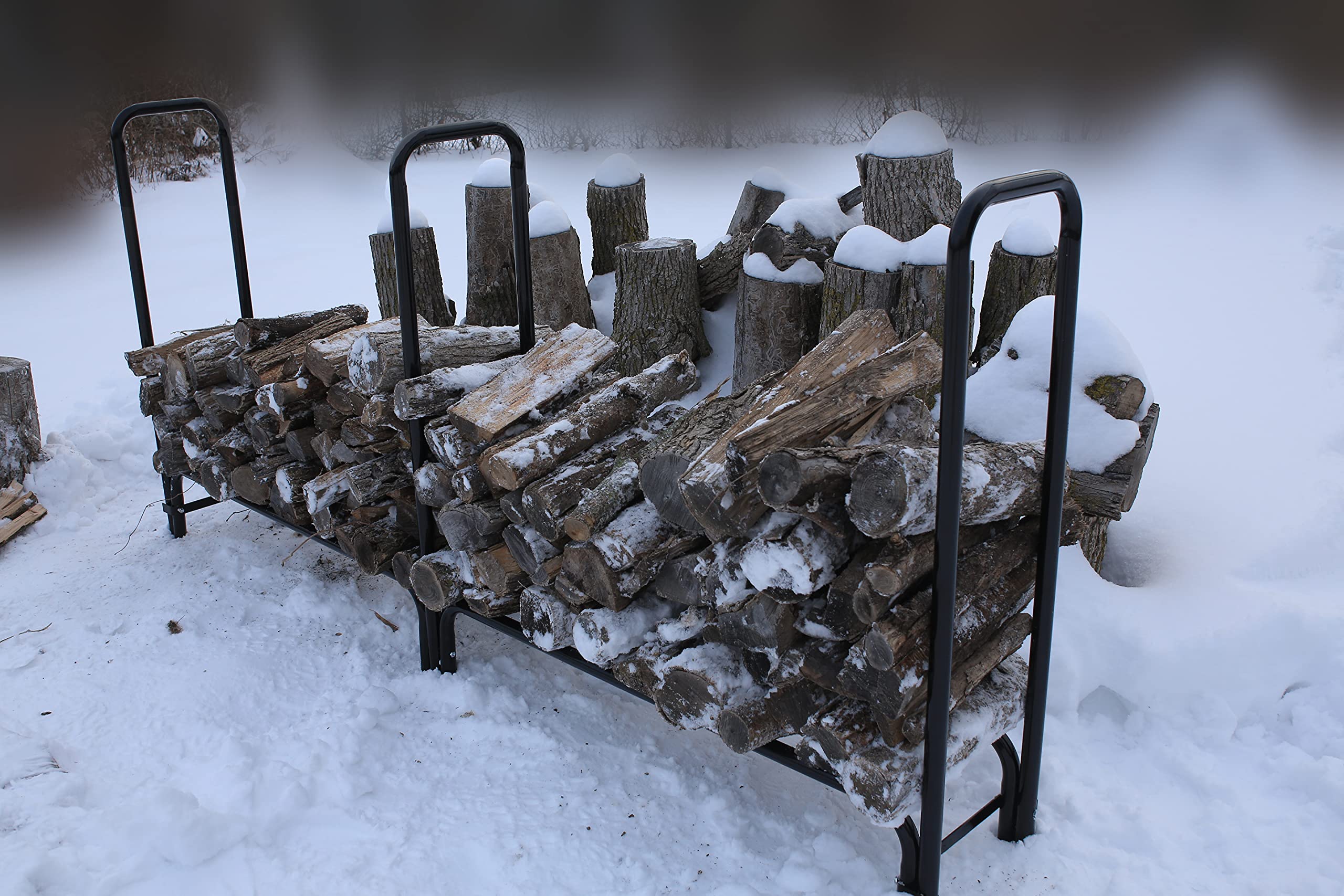 BLUEHOME 8ft Heavy Duty Indoor Outdoor Firewood Storage - Log Rack with Waterproof Cover and Log Carrier Combo – Black Steel Tubular Log Holder for Fire Pits and Fireplaces – Easy to Assemble