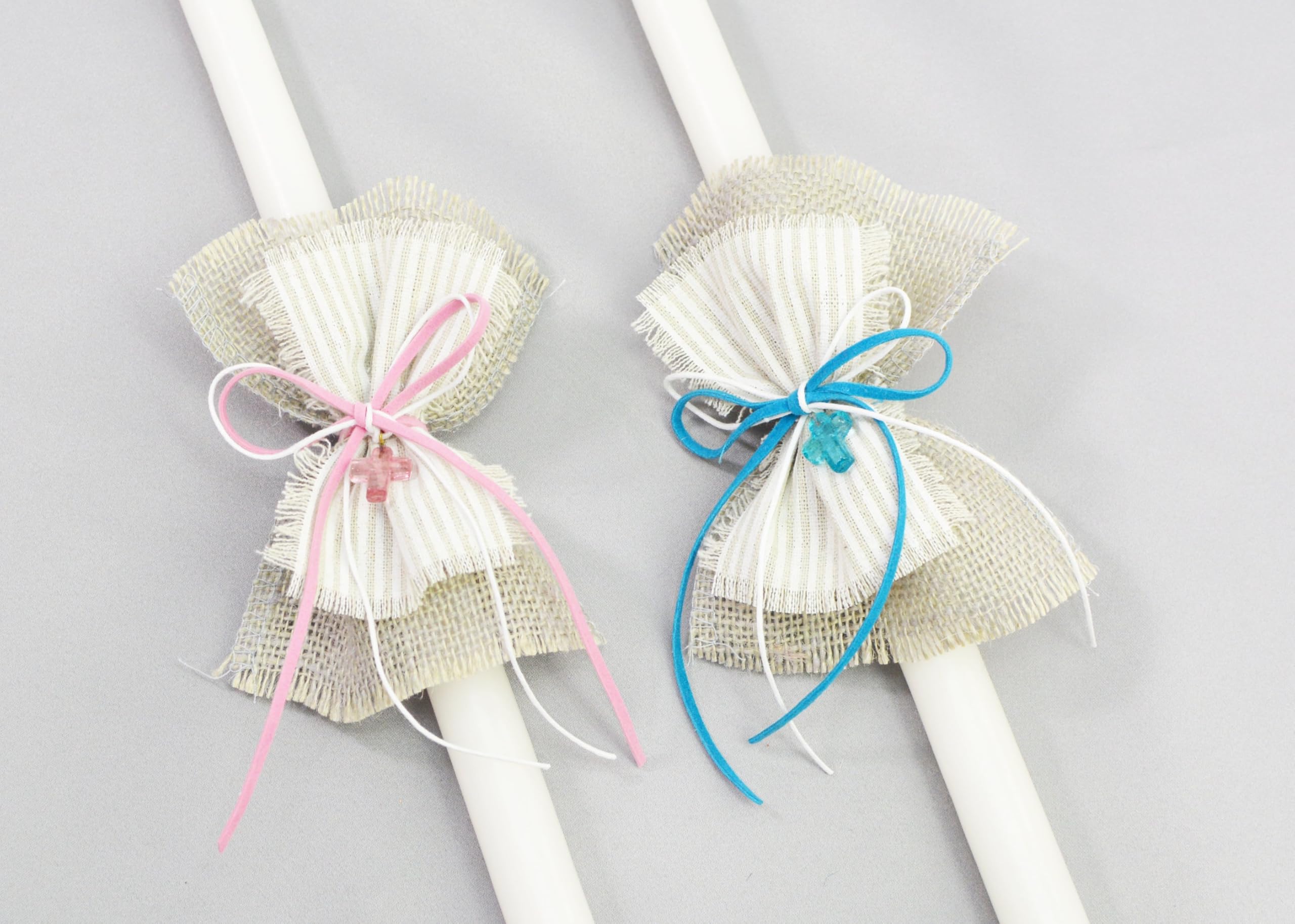 Striped Bows Easter Candles - Blue | Blue, Boys Orthodox Easter Lambathes | Pascha Candles with A Blue Glass Cross