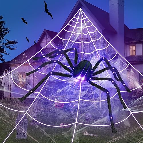 Araña LED gigante de Halloween de 4.1 pies con telaraña de 24.6 pies, ojos y articulaciones morados iluminados, decoración de patio al aire libre