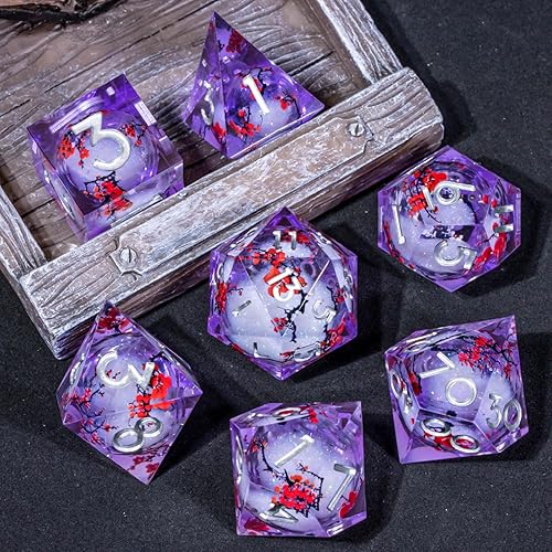 Miniatura 3 de KERWELLSI Juego de dados DND con núcleo líquido y flores, 7 piezas de dados poliédricos de resina con flor de ciruelo de borde afilado, dados de