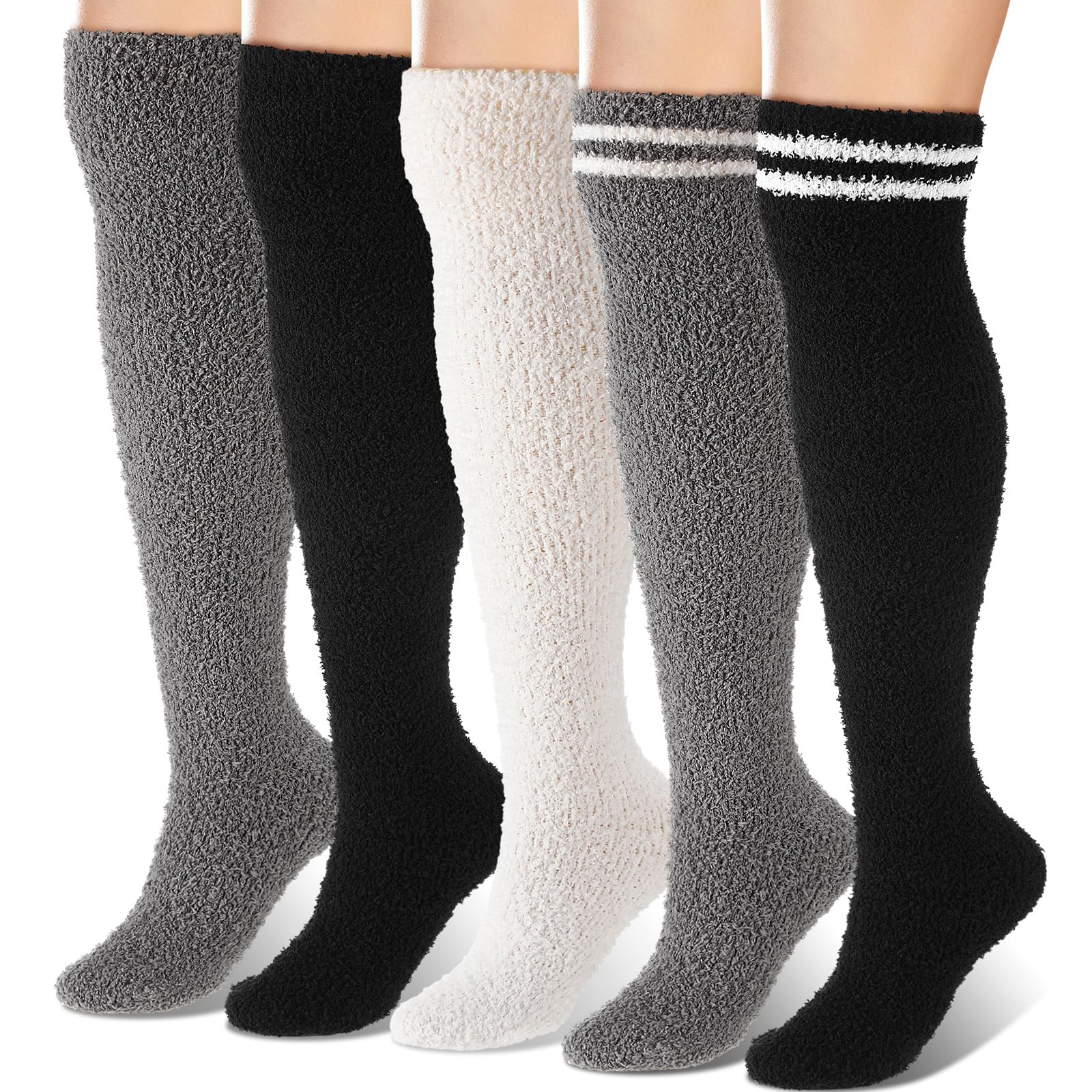 Geyoga 5 pares de calcetines altos hasta el muslo para mujer, calcetines mullidos, cálidos, gruesos, cómodos, suaves, mullidos, acogedores, calcetines de felpa de invierno para mujeres y hombres, ropa